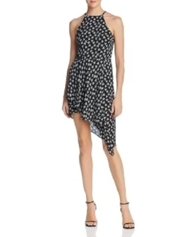 Floral Print Halter Crepe Asymmetrical Hem Mini Dress In Black, White Fashionable Pleated Mini Dress Floral Print Halter Crepe Asymmetrical Hem Mini Dress In Black, White Fashionable Pleated Mini Dress