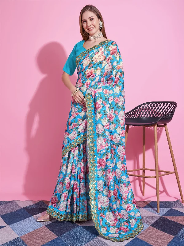 Women's Vichitra Silk Light Blue Embellished Designer Saree With Blouse Piece Floral Print Blouse Women's Vichitra Silk Light Blue Embellished Designer Saree With Blouse Piece Floral Print Blouse