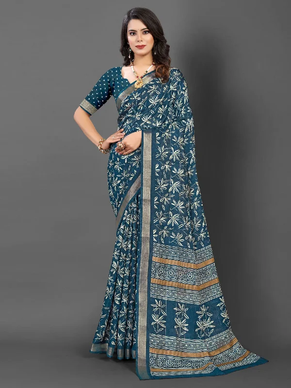 Women's Silk Blend Teal blue Printed Designer Saree With Blouse Piece Relaxed Fit Blouse Women's Silk Blend Teal blue Printed Designer Saree With Blouse Piece Relaxed Fit Blouse