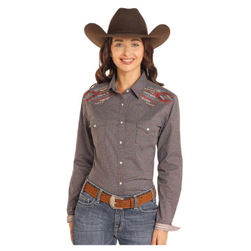 RWN2S04597 Panhandle Roughstock Women's Long Sleeve Western Snap Shirt - Brown & Blue Print-- Print Jacquard Patchwork RWN2S04597 Panhandle Roughstock Women's Long Sleeve Western Snap Shirt - Brown & Blue Print-- Print Jacquard Patchwork