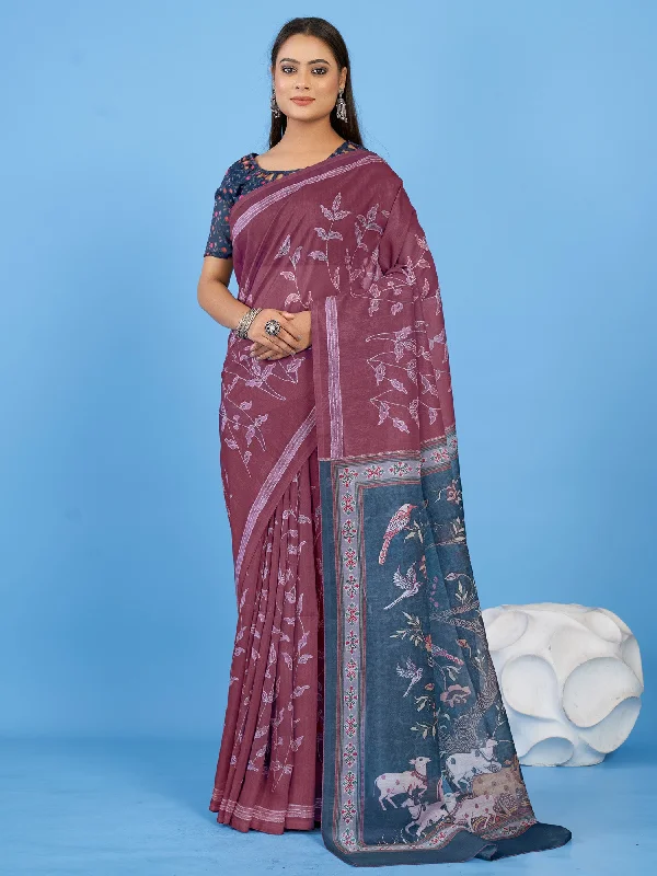 Women's Linen Blend Burgundy Printed Designer Saree With Blouse Piece Lightweight Floral Blouse Women's Linen Blend Burgundy Printed Designer Saree With Blouse Piece Lightweight Floral Blouse