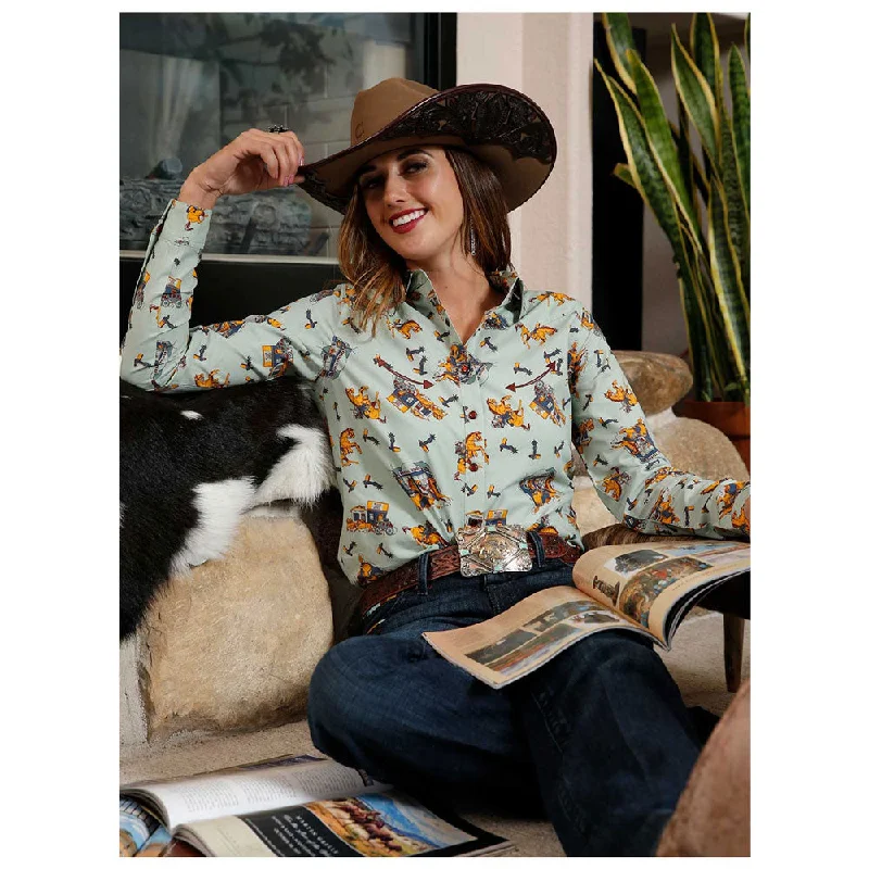 CTW7398002 Cruel Women's Long Sleeve Light Green Western Print Snap Shirt-- Chenille Fabric Brocade Fabric Lace Fabric CTW7398002 Cruel Women's Long Sleeve Light Green Western Print Snap Shirt-- Chenille Fabric Brocade Fabric Lace Fabric
