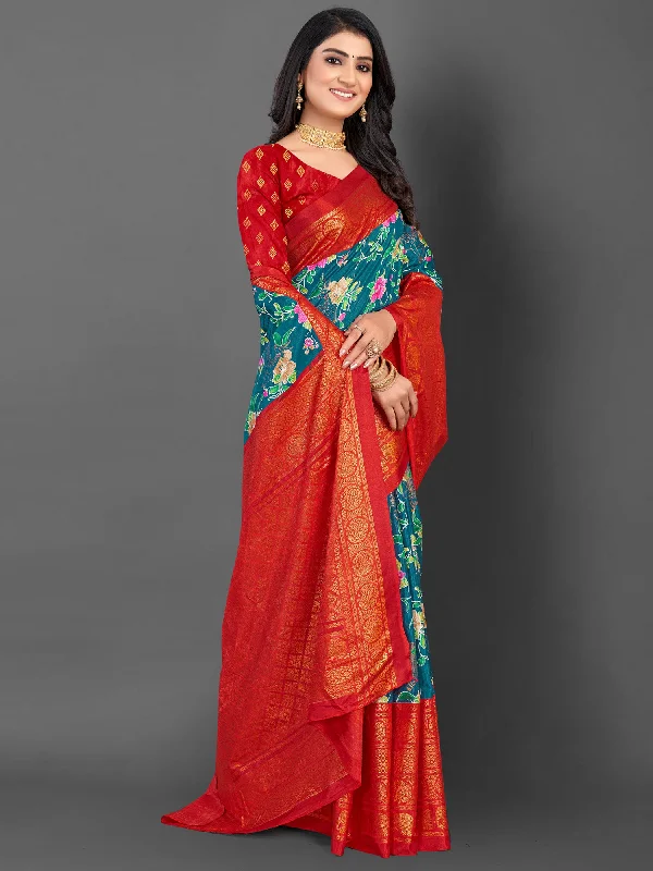 Women's Dola Silk Teal blue Printed Designer Saree With Blouse Piece Short Sleeve Blouse Women's Dola Silk Teal blue Printed Designer Saree With Blouse Piece Short Sleeve Blouse