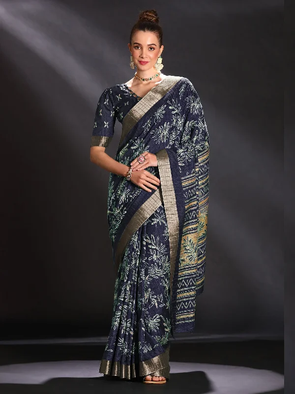 Women's Silk Blend Navy Blue Printed Designer Saree With Blouse Piece Sweetheart Neck Blouse Women's Silk Blend Navy Blue Printed Designer Saree With Blouse Piece Sweetheart Neck Blouse