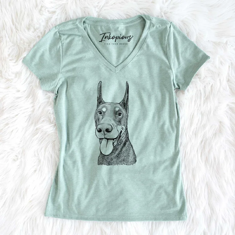 Bare Happy Sunny the Doberman Pinscher - Women's V-neck Shirt-- Spandex Blend Rayon Blend Denim Blend Bare Happy Sunny the Doberman Pinscher - Women's V-neck Shirt-- Spandex Blend Rayon Blend Denim Blend