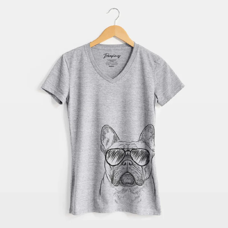 Aviator Acelynn the French Bulldog - Women's V-neck Shirt-- Lace Blend Ribbed Blend Corduroy Blend Aviator Acelynn the French Bulldog - Women's V-neck Shirt-- Lace Blend Ribbed Blend Corduroy Blend