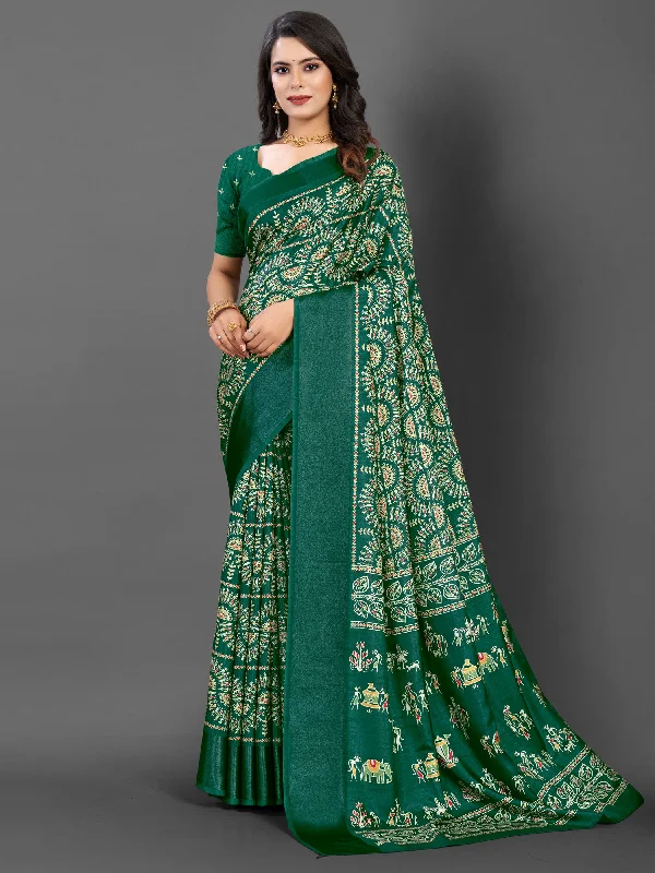 Women's Dola Silk Green Printed Designer Saree With Blouse Piece Textured Cotton Blouse Women's Dola Silk Green Printed Designer Saree With Blouse Piece Textured Cotton Blouse