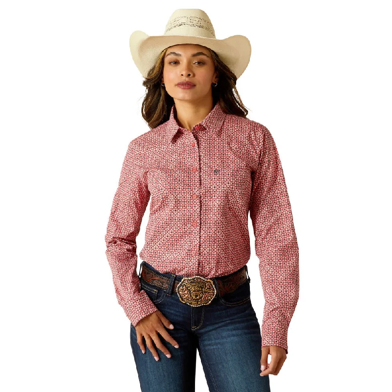 10051332 Ariat Women's Long Sleeve Kirby Stretch Shirt - Garnet Rose Geo-- Mesh Canvas Denim 10051332 Ariat Women's Long Sleeve Kirby Stretch Shirt - Garnet Rose Geo-- Mesh Canvas Denim