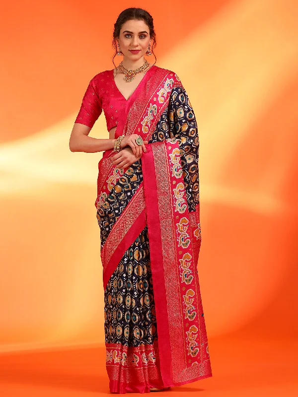 Women's Dola Silk Navy Blue Printed Designer Saree With Blouse Piece Sweetheart Neck Blouse Women's Dola Silk Navy Blue Printed Designer Saree With Blouse Piece Sweetheart Neck Blouse