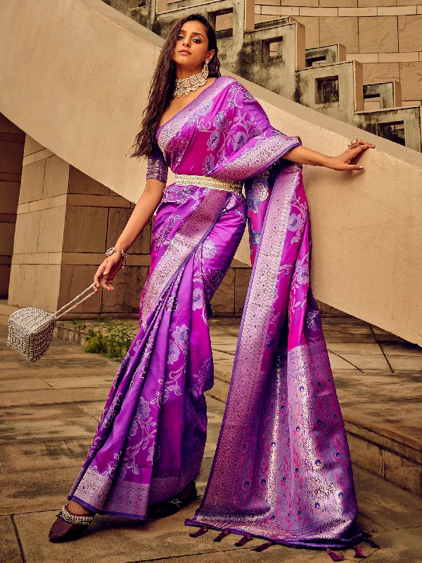 Women's Satin Silk Magenta Woven Design Designer Saree With Blouse Piece Chic Square Blouse Women's Satin Silk Magenta Woven Design Designer Saree With Blouse Piece Chic Square Blouse