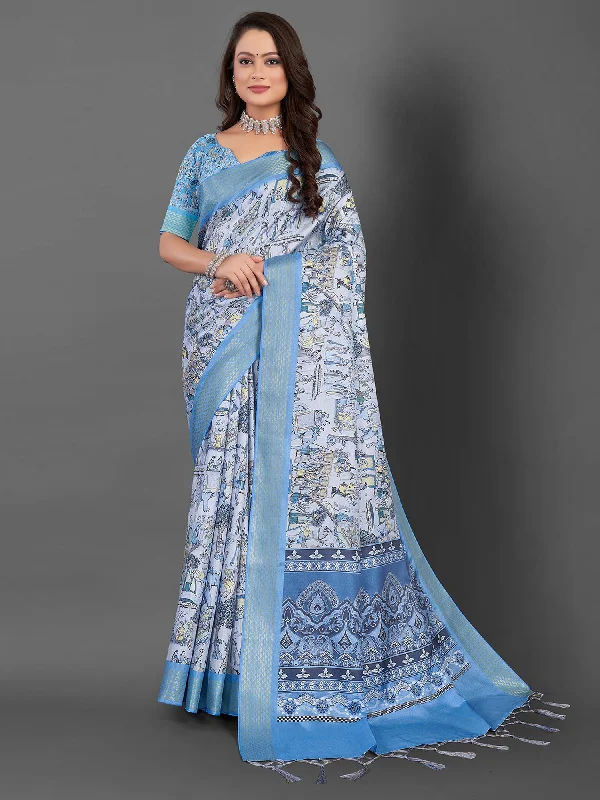 Women's Manipuri Silk Blue Printed Designer Saree With Blouse Piece Satin Long Blouse Women's Manipuri Silk Blue Printed Designer Saree With Blouse Piece Satin Long Blouse