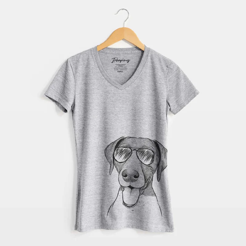 Aviator Remi the German Shorthaired Pointer - Women's V-neck Shirt-- Ribbed Striped Patterned Aviator Remi the German Shorthaired Pointer - Women's V-neck Shirt-- Ribbed Striped Patterned
