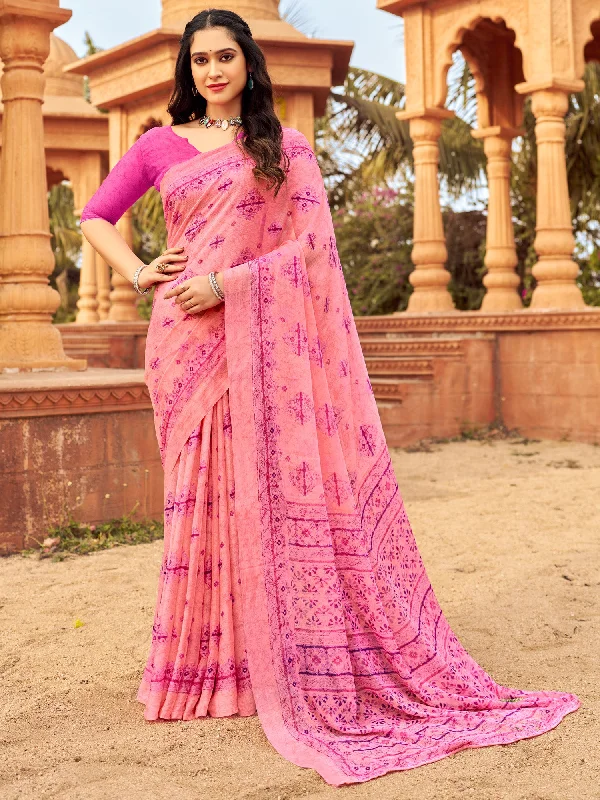 Women's Chiffon Pink Printed Designer Saree With Blouse Piece Chic Off-Shoulder Blouse Women's Chiffon Pink Printed Designer Saree With Blouse Piece Chic Off-Shoulder Blouse