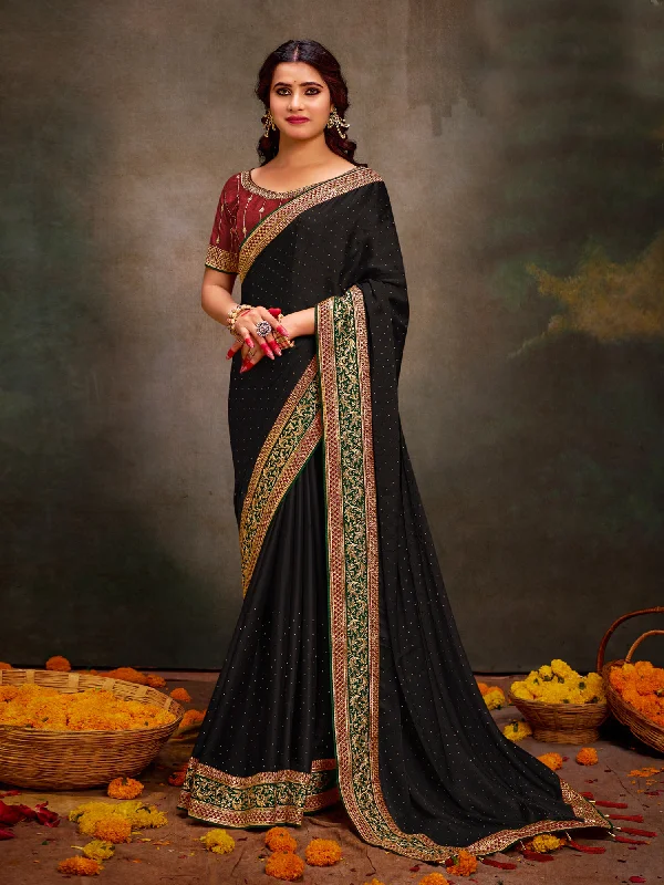 Women's Satin Silk Maroon Embroidered Designer Saree With Blouse Piece Off-Shoulder Wrap Blouse Women's Satin Silk Maroon Embroidered Designer Saree With Blouse Piece Off-Shoulder Wrap Blouse