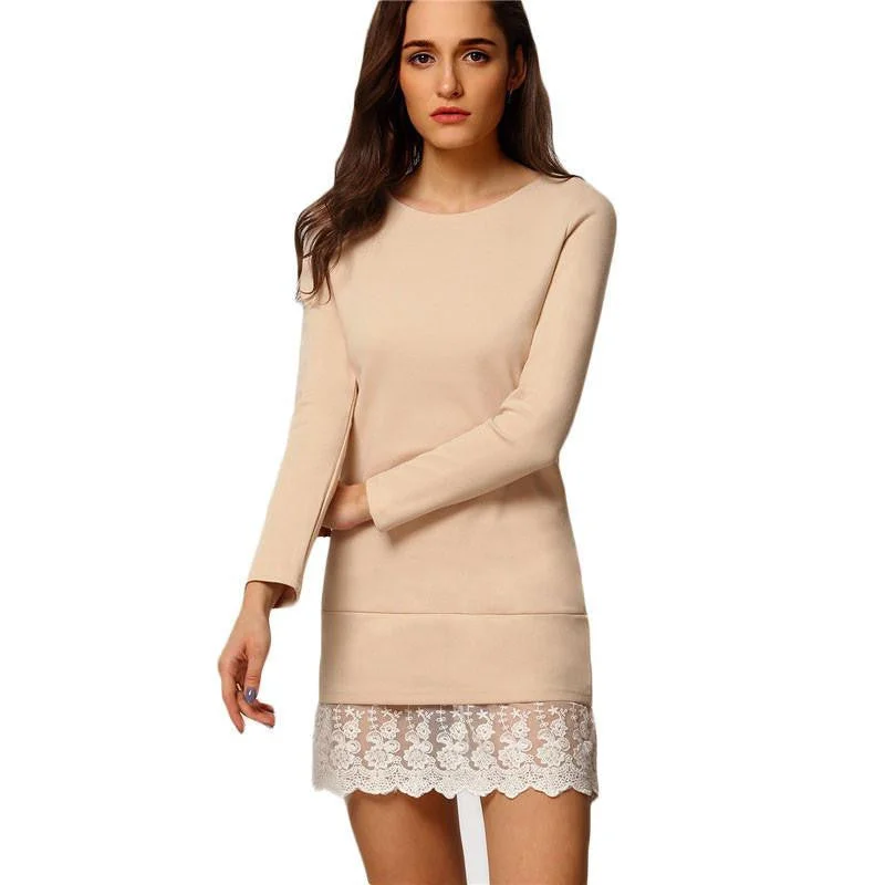 Women Fashion Mini Dresses Elegant Ladies Long Sleeve Round Neck Contrast Lace Embroidered Flounce Shift Dress Stylish Ribbed Mini Dress Women Fashion Mini Dresses Elegant Ladies Long Sleeve Round Neck Contrast Lace Embroidered Flounce Shift Dress Stylish Ribbed Mini Dress