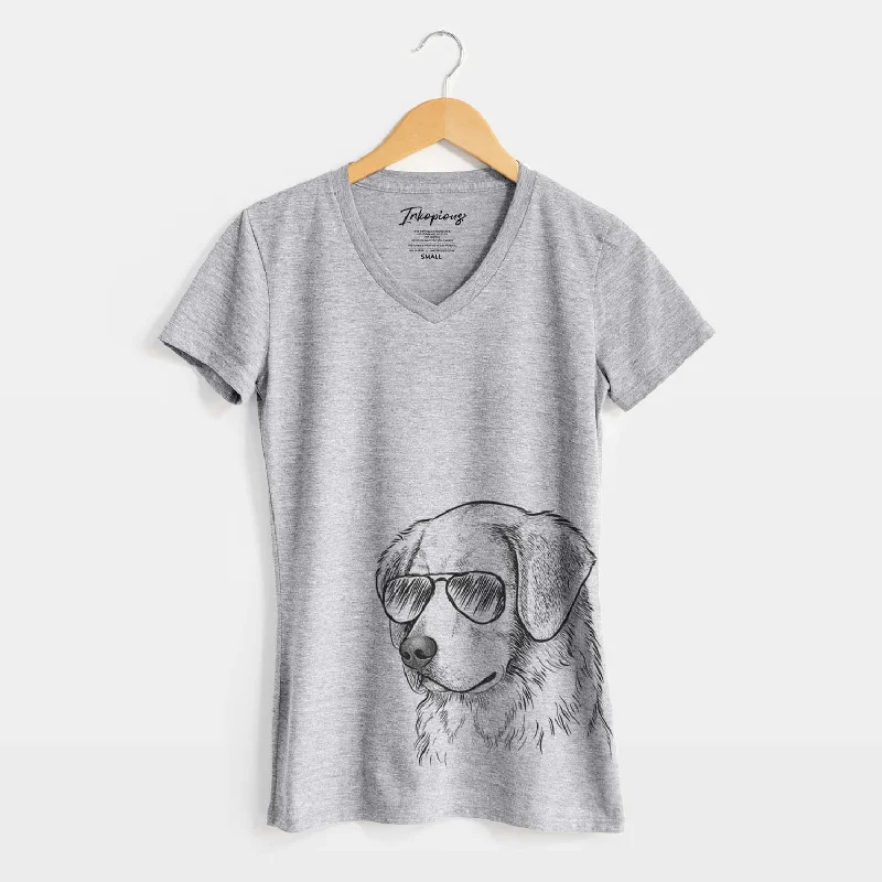 Aviator Kula the Golden Retriever - Women's V-neck Shirt-- Zippered Front Buttoned Front Snap Front Aviator Kula the Golden Retriever - Women's V-neck Shirt-- Zippered Front Buttoned Front Snap Front
