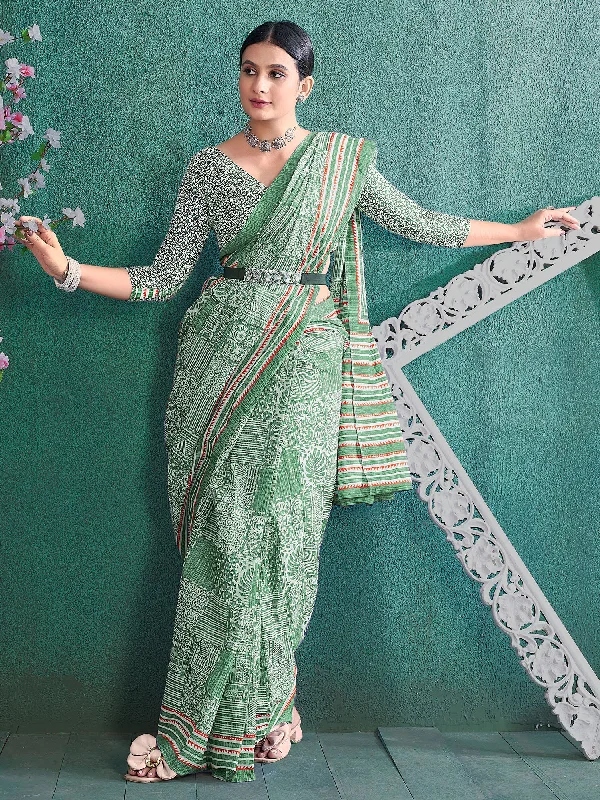 Women's Cotton Light Green Printed Designer Saree With Blouse Piece Elegant Silk Blouse Women's Cotton Light Green Printed Designer Saree With Blouse Piece Elegant Silk Blouse