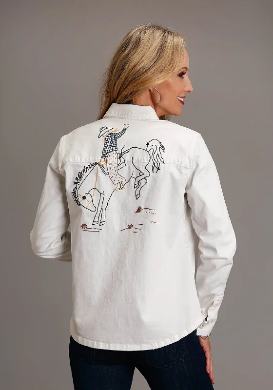 Stetson Womens Bucking Bronco White Cotton Blend L/S Shirt-- Houndstooth Herringbone Solid Stetson Womens Bucking Bronco White Cotton Blend L/S Shirt-- Houndstooth Herringbone Solid