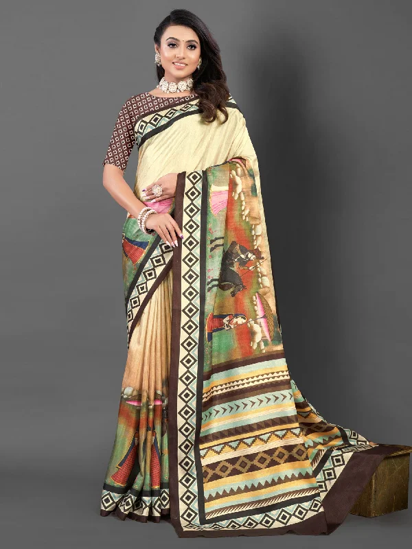 Women's Silk Blend Beige Printed Designer Saree With Blouse Piece Feminine Satin Blouse Women's Silk Blend Beige Printed Designer Saree With Blouse Piece Feminine Satin Blouse