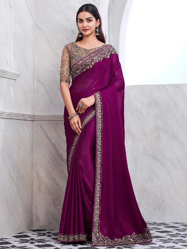 Women's Satin Silk Magenta Embellished Designer Saree With Blouse Piece Boho Printed Blouse Women's Satin Silk Magenta Embellished Designer Saree With Blouse Piece Boho Printed Blouse