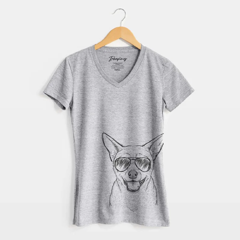 Aviator Georgie the Chiweenie - Women's V-neck Shirt-- Fleece Fabric Down Fabric Feather Fabric Aviator Georgie the Chiweenie - Women's V-neck Shirt-- Fleece Fabric Down Fabric Feather Fabric