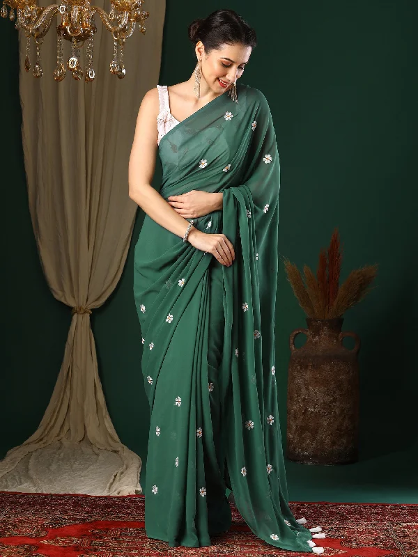 Women's Georgette Green Embroidered Designer Saree With Blouse Piece Modern Work Blouse Women's Georgette Green Embroidered Designer Saree With Blouse Piece Modern Work Blouse