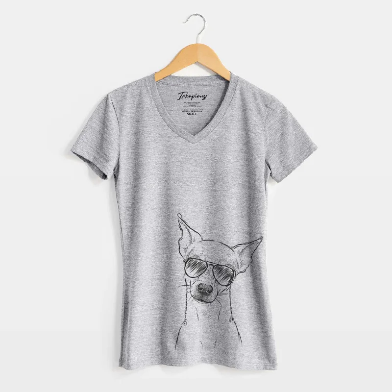 Aviator Emee the Chihuahua - Women's V-neck Shirt-- Mesh Blend Leather Blend Suede Blend Aviator Emee the Chihuahua - Women's V-neck Shirt-- Mesh Blend Leather Blend Suede Blend