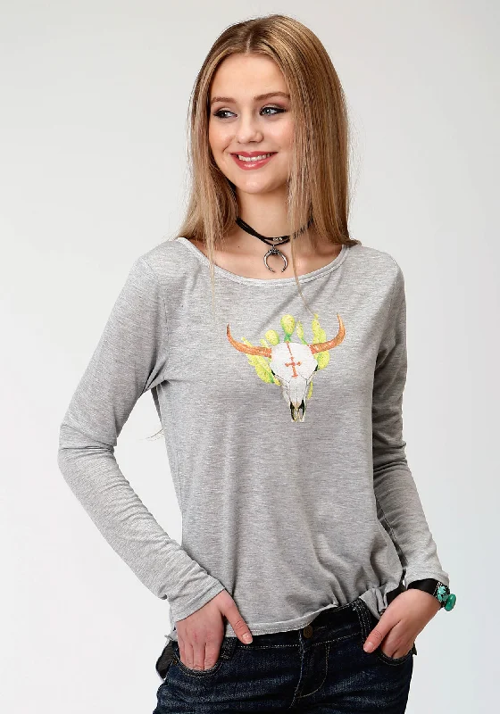 Roper Womens Heather Grey Poly/Rayon Longhorn L/S T-Shirt-- Sequined Glittery Shiny