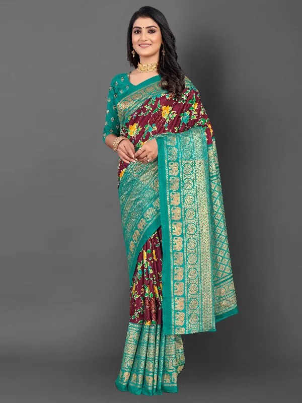 Women's Dola Silk Burgundy Printed Designer Saree With Blouse Piece Satin Drape Blouse Women's Dola Silk Burgundy Printed Designer Saree With Blouse Piece Satin Drape Blouse