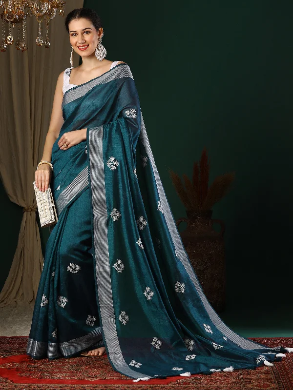 Women's Art Silk Teal blue Embroidered Designer Saree With Blouse Piece Stretchy Fitted Blouse Women's Art Silk Teal blue Embroidered Designer Saree With Blouse Piece Stretchy Fitted Blouse