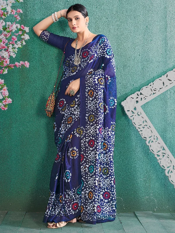 Women's Cotton Navy Blue Printed Designer Saree With Blouse Piece Short Sleeve Blouse Women's Cotton Navy Blue Printed Designer Saree With Blouse Piece Short Sleeve Blouse