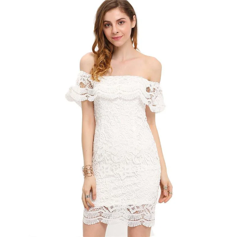 Women Mini Dresses White Off the Shoulder Short Sleeve Strapless Lace Ruffle Bodycon Dress Fashionable Mini Dress with Pockets Women Mini Dresses White Off the Shoulder Short Sleeve Strapless Lace Ruffle Bodycon Dress Fashionable Mini Dress with Pockets