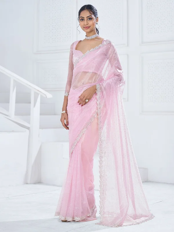 Women's Organza Pink Embellished Designer Saree With Blouse Piece Oversized Silk Blouse Women's Organza Pink Embellished Designer Saree With Blouse Piece Oversized Silk Blouse