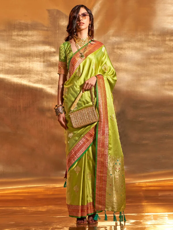 Women's Satin Silk Light Green Woven Design Designer Saree With Blouse Piece Delicate Bow Blouse