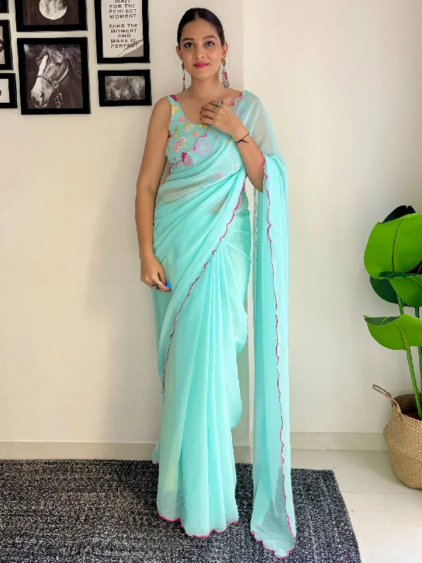 Women's Georgette Light Blue Embellished Designer Saree With Blouse Piece Delicate Pleat Blouse Women's Georgette Light Blue Embellished Designer Saree With Blouse Piece Delicate Pleat Blouse