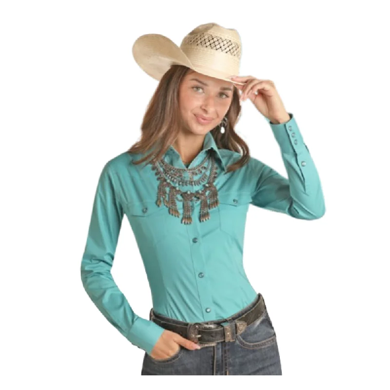 PSWSOSR0LTT Panhandle Ladies Solid Long Sleeve Snap Shirt - Turquoise-- Print Jacquard Patchwork PSWSOSR0LTT Panhandle Ladies Solid Long Sleeve Snap Shirt - Turquoise-- Print Jacquard Patchwork