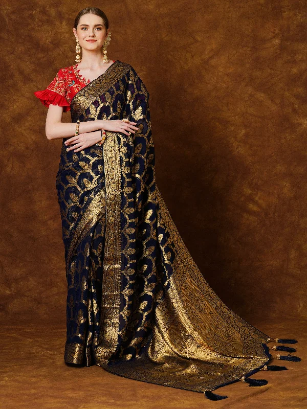 Women's Georgette Navy Blue Woven Design Designer Saree With Blouse Piece Floral Chiffon Blouse Women's Georgette Navy Blue Woven Design Designer Saree With Blouse Piece Floral Chiffon Blouse