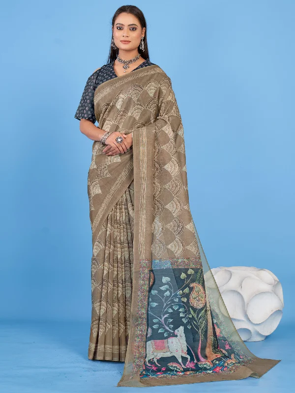Women's Linen Blend Beige Printed Designer Saree With Blouse Piece Embroidered Cotton Blouse Women's Linen Blend Beige Printed Designer Saree With Blouse Piece Embroidered Cotton Blouse