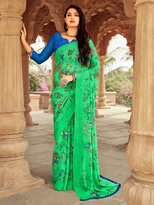 Women's Chiffon Light Green Printed Designer Saree With Blouse Piece Boho Printed Blouse Women's Chiffon Light Green Printed Designer Saree With Blouse Piece Boho Printed Blouse