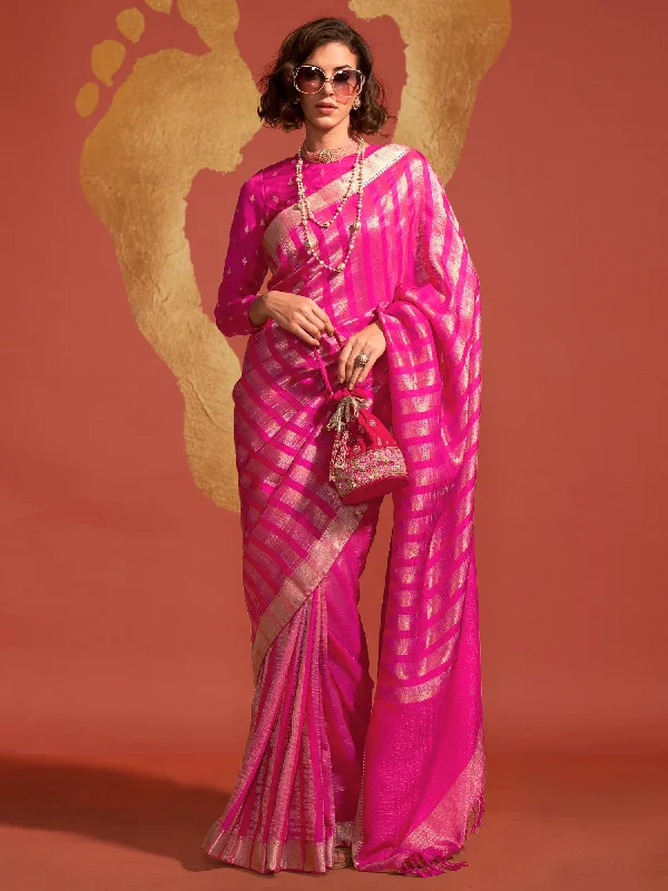 Women's Viscose Silk Pink Woven Design Designer Saree With Blouse Piece Ruched Sleeve Blouse Women's Viscose Silk Pink Woven Design Designer Saree With Blouse Piece Ruched Sleeve Blouse