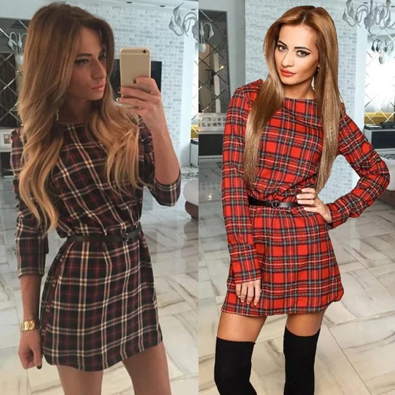 Women Plaid Dresses O-neck Long Sleeve Loose Dresses Casual Mini Dress Fashionable Summer Mini Dress Women Plaid Dresses O-neck Long Sleeve Loose Dresses Casual Mini Dress Fashionable Summer Mini Dress