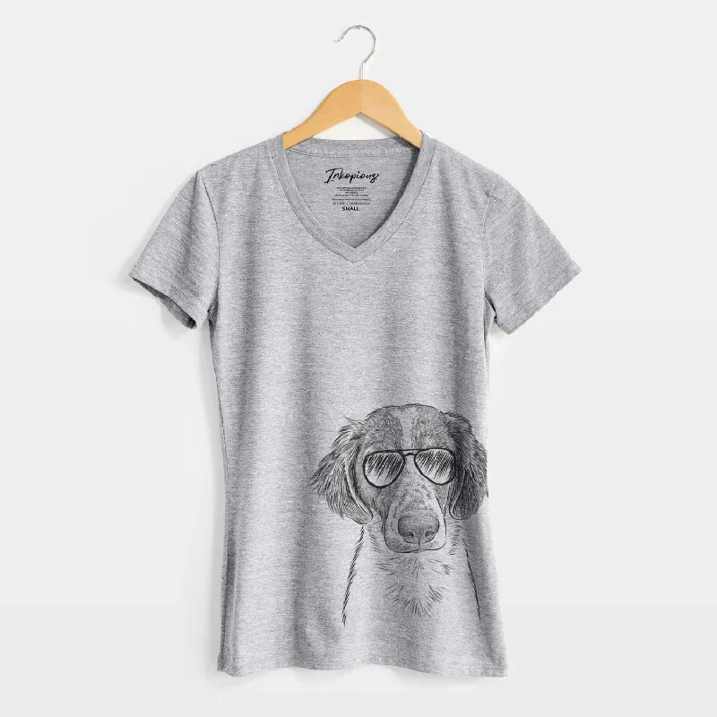 Aviator Holly the Brittany Spaniel - Women's V-neck Shirt-- Mesh Blend Leather Blend Suede Blend Aviator Holly the Brittany Spaniel - Women's V-neck Shirt-- Mesh Blend Leather Blend Suede Blend