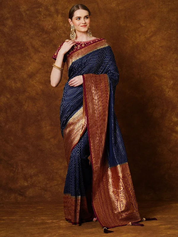 Women's Georgette Navy Blue Woven Design Designer Saree With Blouse Piece Casual Button Blouse Women's Georgette Navy Blue Woven Design Designer Saree With Blouse Piece Casual Button Blouse