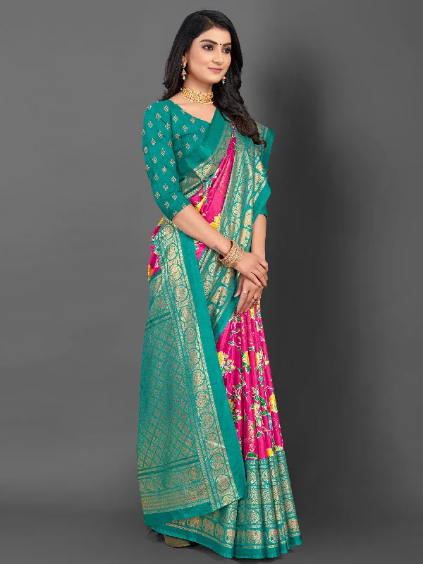 Women's Dola Silk Pink Printed Designer Saree With Blouse Piece Asymmetric Hem Blouse Women's Dola Silk Pink Printed Designer Saree With Blouse Piece Asymmetric Hem Blouse