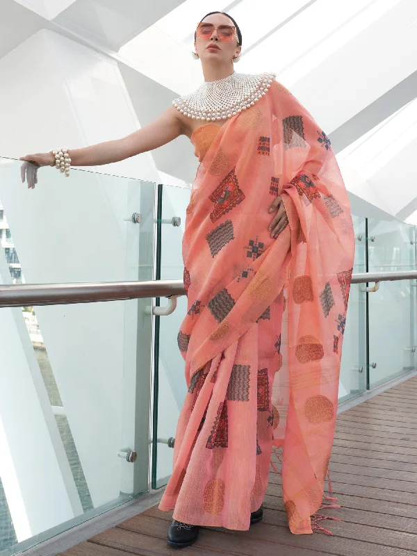 Women's Tissue Pink Woven Design Designer Saree With Blouse Piece Smart Casual Blouse Women's Tissue Pink Woven Design Designer Saree With Blouse Piece Smart Casual Blouse