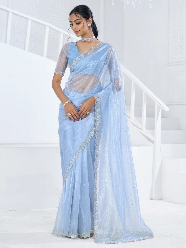 Women's Organza Light Blue Embellished Designer Saree With Blouse Piece Elegant Office Blouse Women's Organza Light Blue Embellished Designer Saree With Blouse Piece Elegant Office Blouse