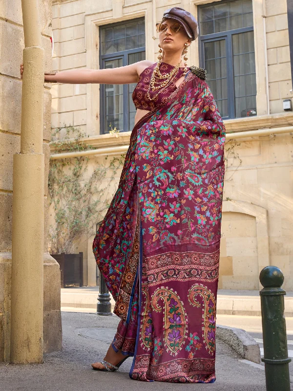 Women's Satin Silk Burgundy Printed Designer Saree With Blouse Piece Elegant Lace Blouse Women's Satin Silk Burgundy Printed Designer Saree With Blouse Piece Elegant Lace Blouse