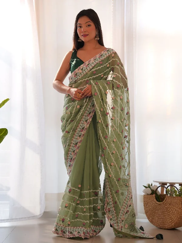 Women's Net Light Green Embroidered Designer Saree With Blouse Piece Embroidered Floral Blouse Women's Net Light Green Embroidered Designer Saree With Blouse Piece Embroidered Floral Blouse