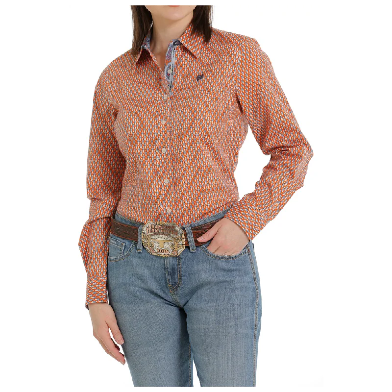 MSW9165028 Cinch Women's Long Sleeve Western Button Shirt -Orange Print-- Notch Collar Peter Pan Collar Cowl Neck MSW9165028 Cinch Women's Long Sleeve Western Button Shirt -Orange Print-- Notch Collar Peter Pan Collar Cowl Neck