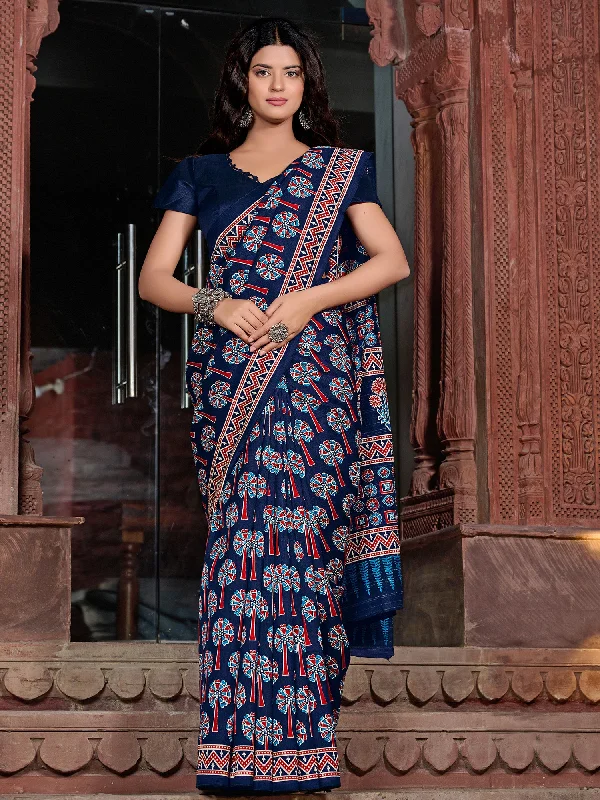 Women's Bhagalpuri Silk Navy Blue Printed Designer Saree With Blouse Piece Soft Modal Blouse Women's Bhagalpuri Silk Navy Blue Printed Designer Saree With Blouse Piece Soft Modal Blouse